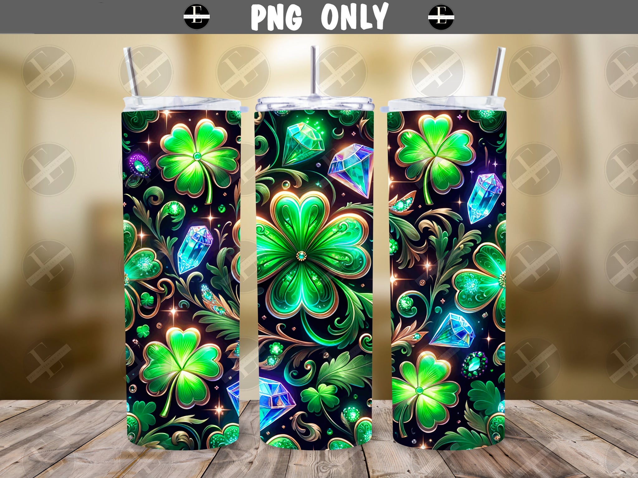 20ozs Wrap Designs - Neon Jeweled Shamrocks Skinny Tumbler Wrap - Sublimation Designs Straight & Tapered - Instant Download