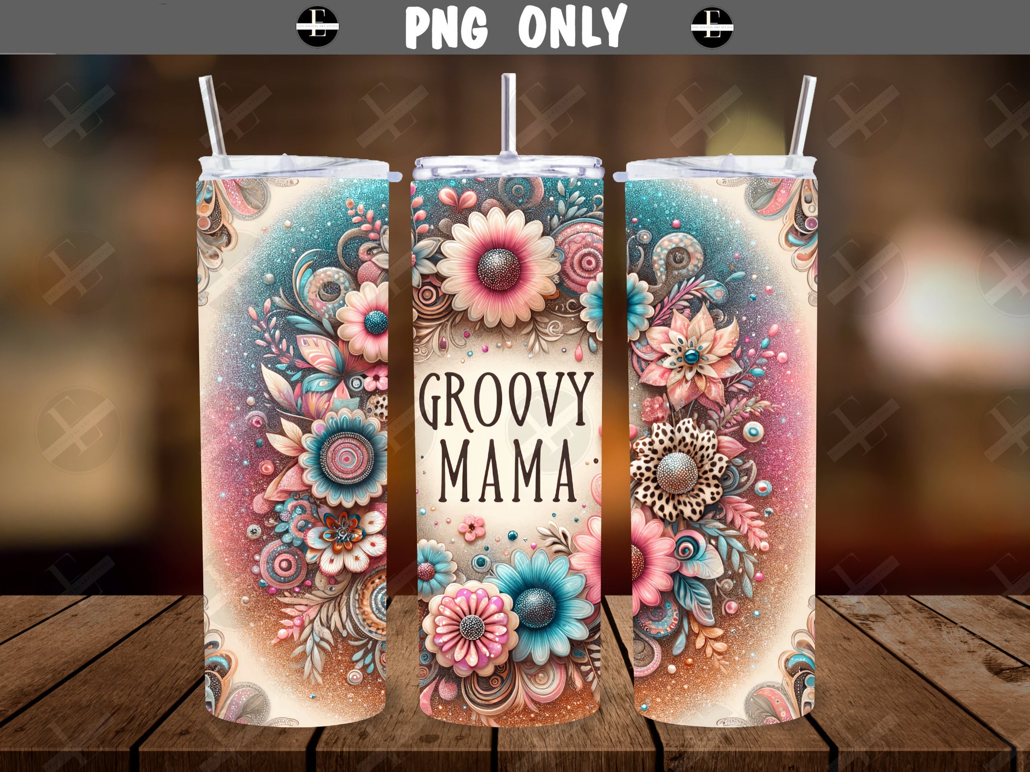 20ozs Wrap Design - Groovy Mama Retro Floral Skinny Tumbler Wrap Design - Tumbler Sublimation Designs Straight & Tapered - Instant Download